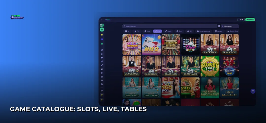 Game catalogue: slots, live, tables